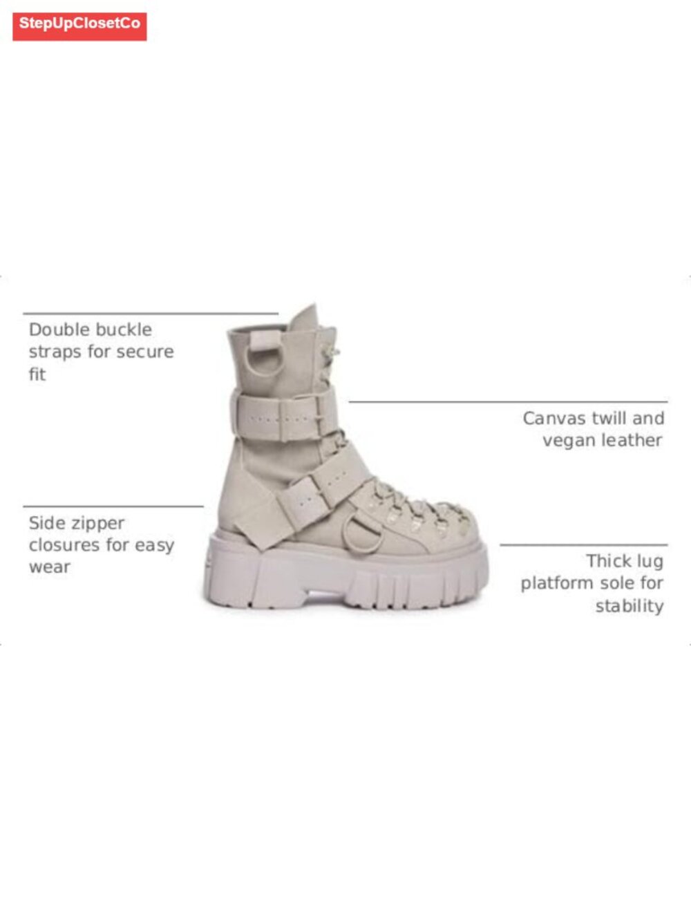 Chunky Vegan Leather Combat Boots with Buckles & Side Zipper - Picture 2 of 4